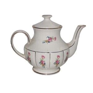 Vintage Arthur Wood English Teapot Pink Roses Gold Gilt Ribbed Staffordshire 10"